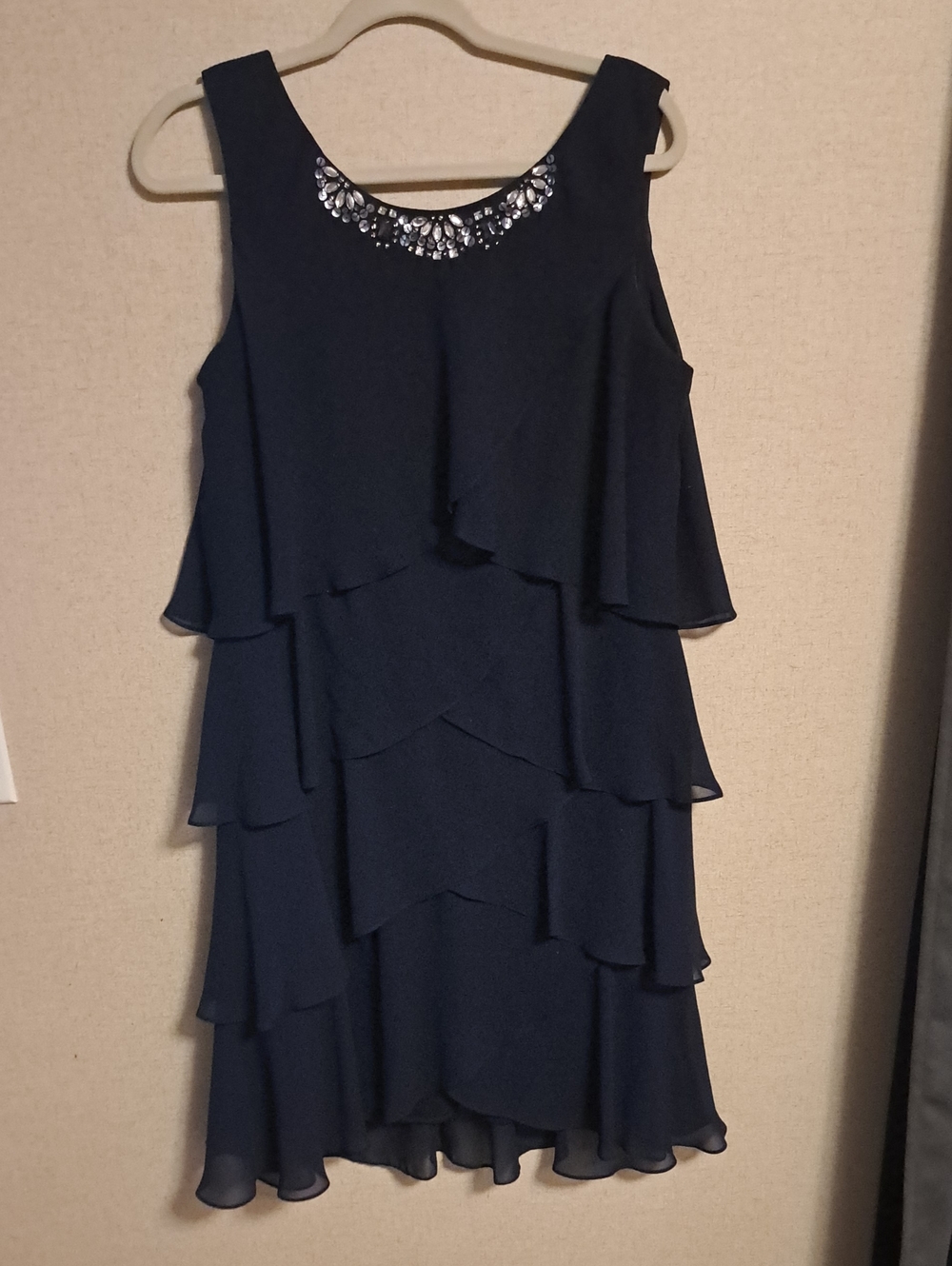SLNY Navy Sleeveless Tiered Midi Dress with Beaded Neckline